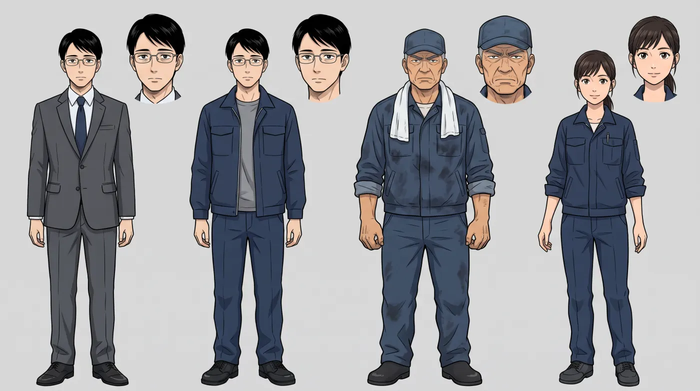 登場人物の設定画。左からスーツ姿と作業着姿の汐見航、工場長の堀田源治、野村さやか